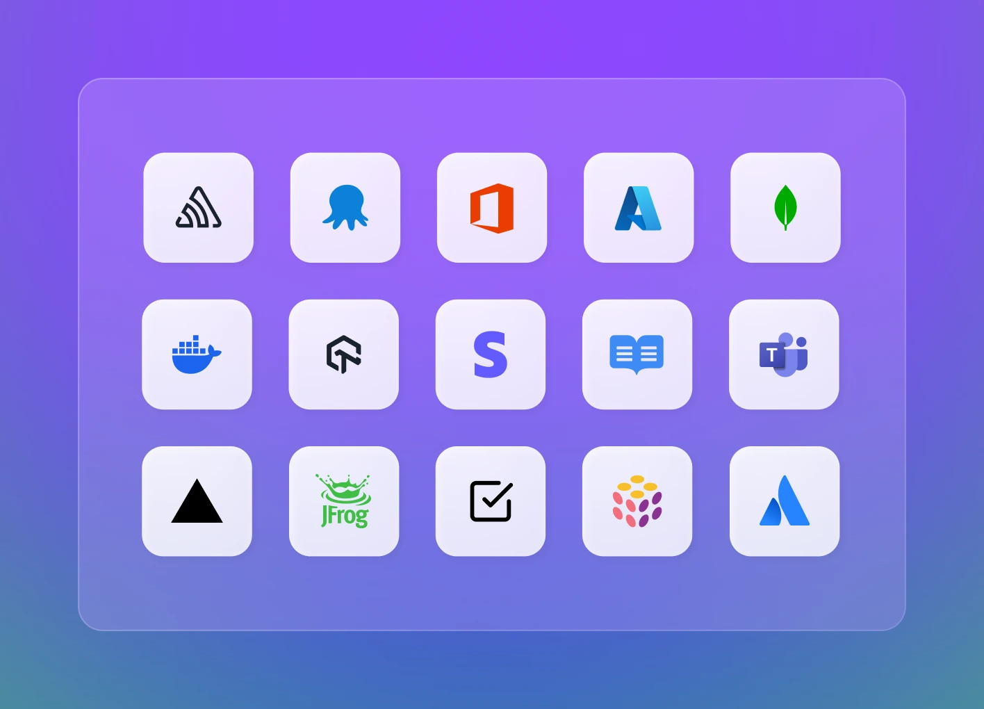 Grid of icons representing various extensions available in the GitHub Marketplace. Icons displayed include logos for Sentry, Octopus Deploy, Microsoft Office, Docker, Microsoft Teams, Azure, MongoDB, and other tools.