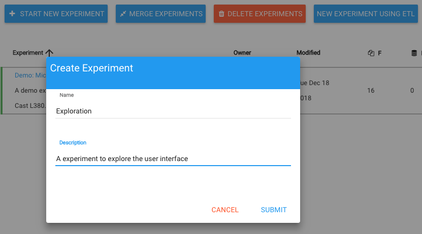 New Experiments pop-up dialog