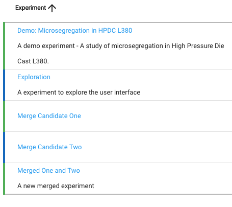 Experiments list showing merge results